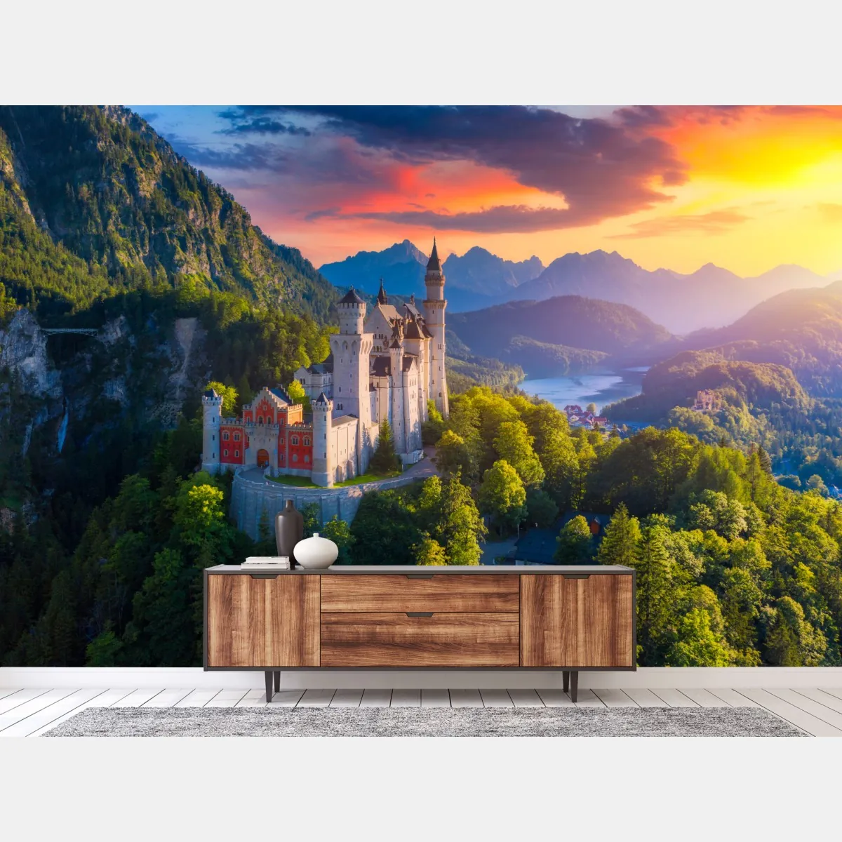Fototapeta zamek Neuschwanstein o zachodzie słońca – Wallissimo® Fototapeta zamek Neuschwanstein o zachodzie słońca – Wallissimo®