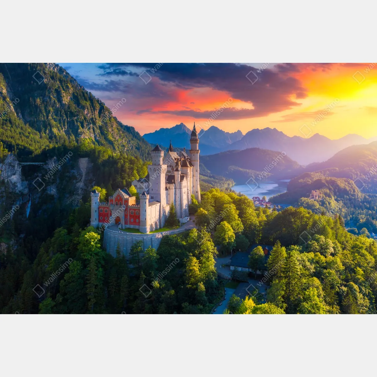 Fototapeta zamek Neuschwanstein o zachodzie słońca – Wallissimo® Fototapeta zamek Neuschwanstein o zachodzie słońca – Wallissimo®