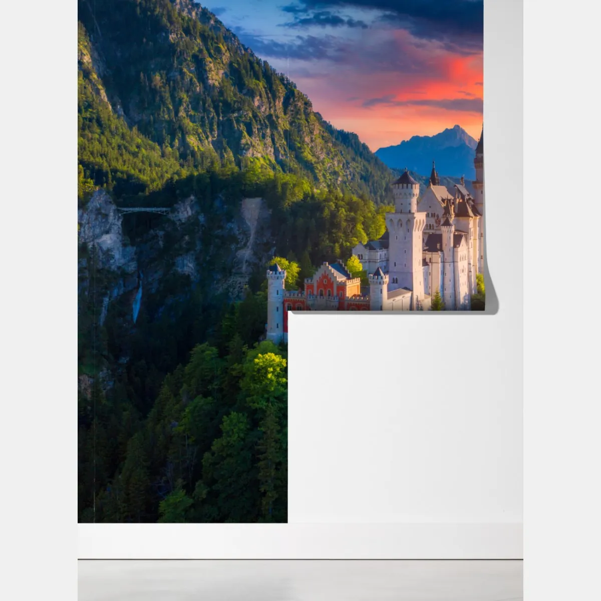 Fototapeta zamek Neuschwanstein o zachodzie słońca – Wallissimo® Fototapeta zamek Neuschwanstein o zachodzie słońca – Wallissimo®