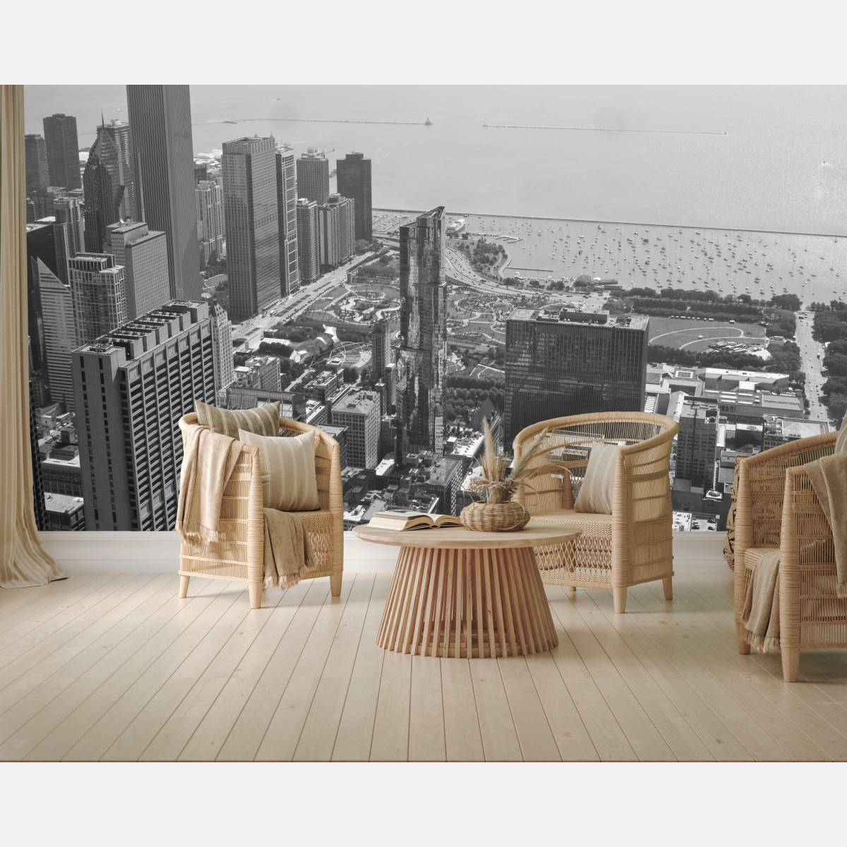Wall mural black and white city skyline over lake