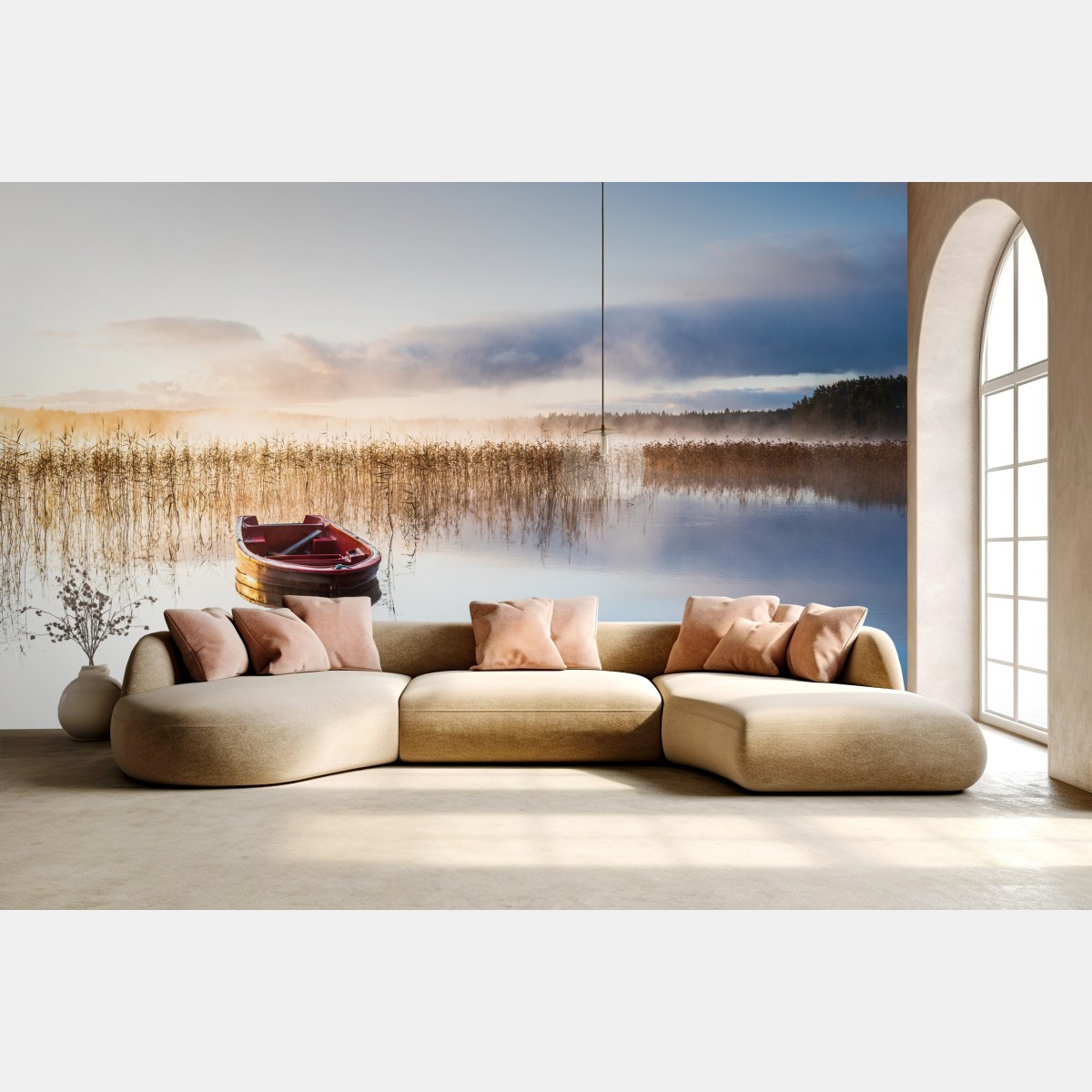 Wall mural misty morning lake with red boat
