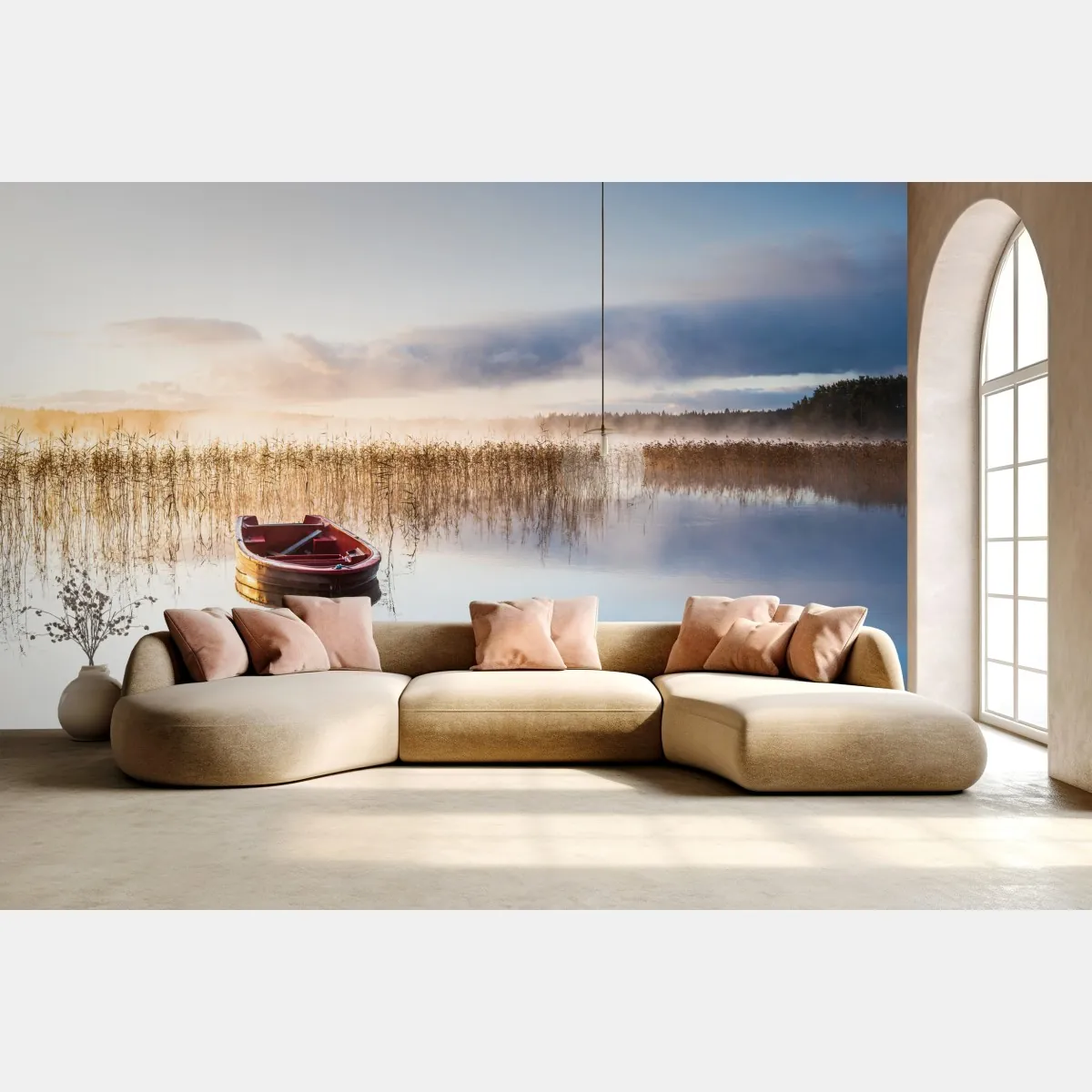 Fototapeta mglisty poranek nad jeziorem z czerwoną łódką – Wallissimo® Fototapeta mglisty poranek nad jeziorem z czerwoną łódką – Wallissimo®