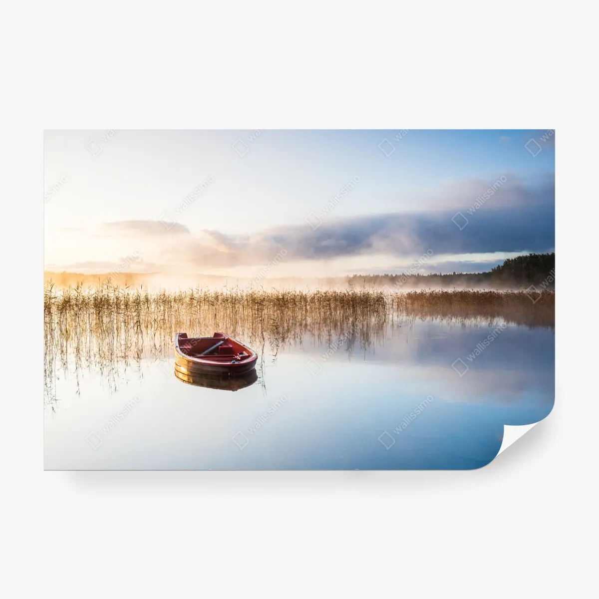 Fototapeta mglisty poranek nad jeziorem z czerwoną łódką – Wallissimo® Fototapeta mglisty poranek nad jeziorem z czerwoną łódką – Wallissimo®