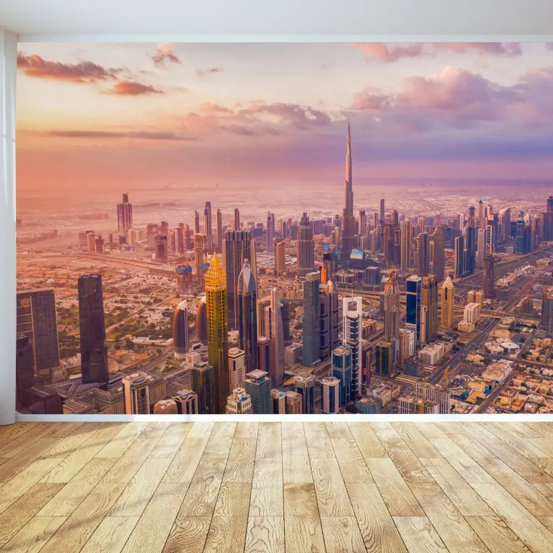 Fototapeta zachód słońca nad panoramą Dubaju z Burj Khalifa