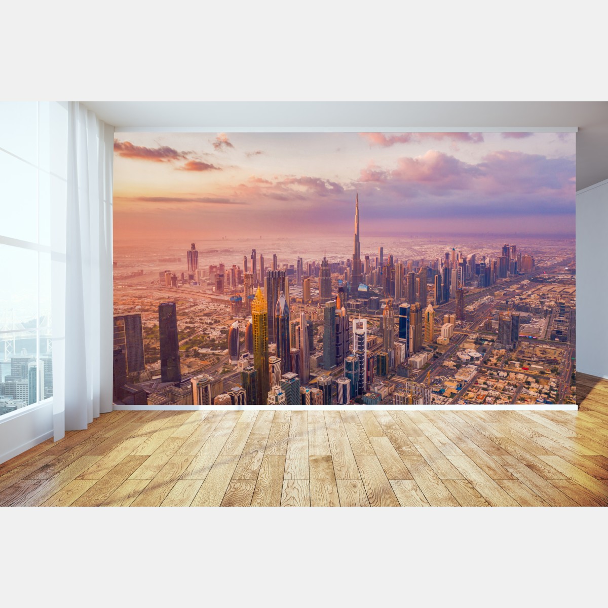 Wall mural sunset skyline over Dubai with Burj Khalifa