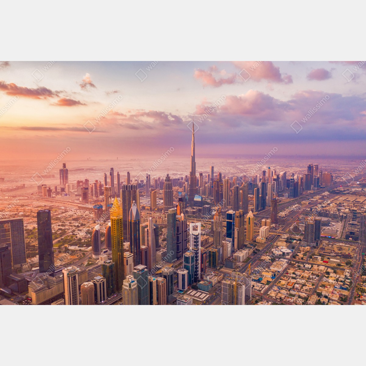 Fototapeta zachód słońca nad panoramą Dubaju z Burj Khalifa – Wallissimo® Fototapeta zachód słońca nad panoramą Dubaju z Burj Khalifa – Wallissimo®