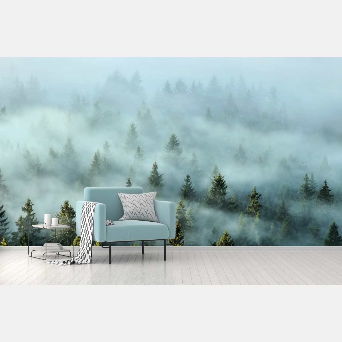 Wall mural misty fir forest in morning fog