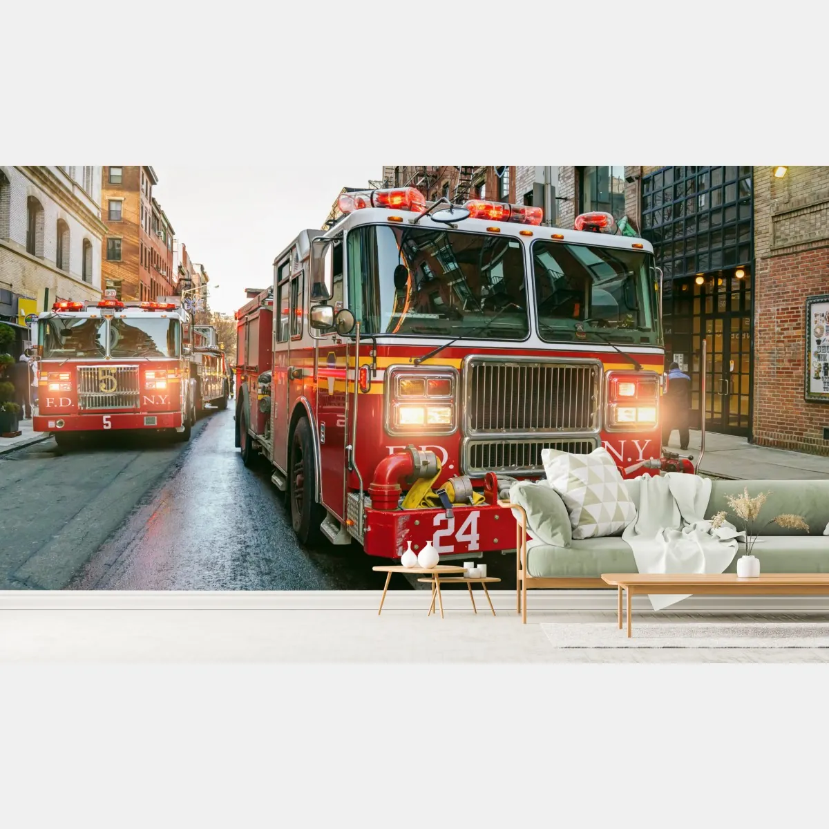 Fototapeta wozy strażackie na ulicy Manhattan, Nowy Jork – Wallissimo® Fototapeta wozy strażackie na ulicy Manhattan, Nowy Jork – Wallissimo®