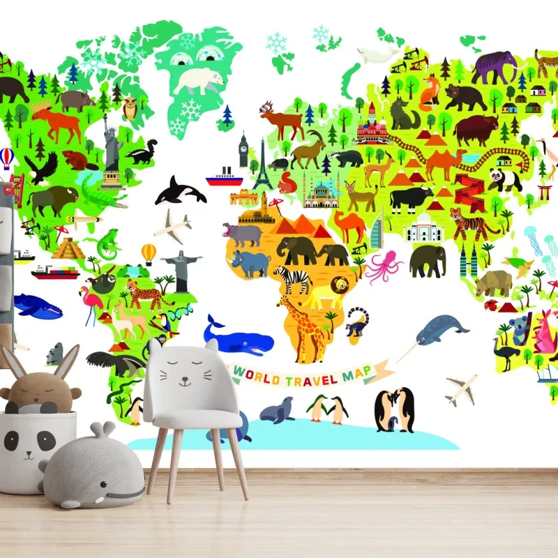 Fototapeta kolorowa mapa świata z zwierzętami