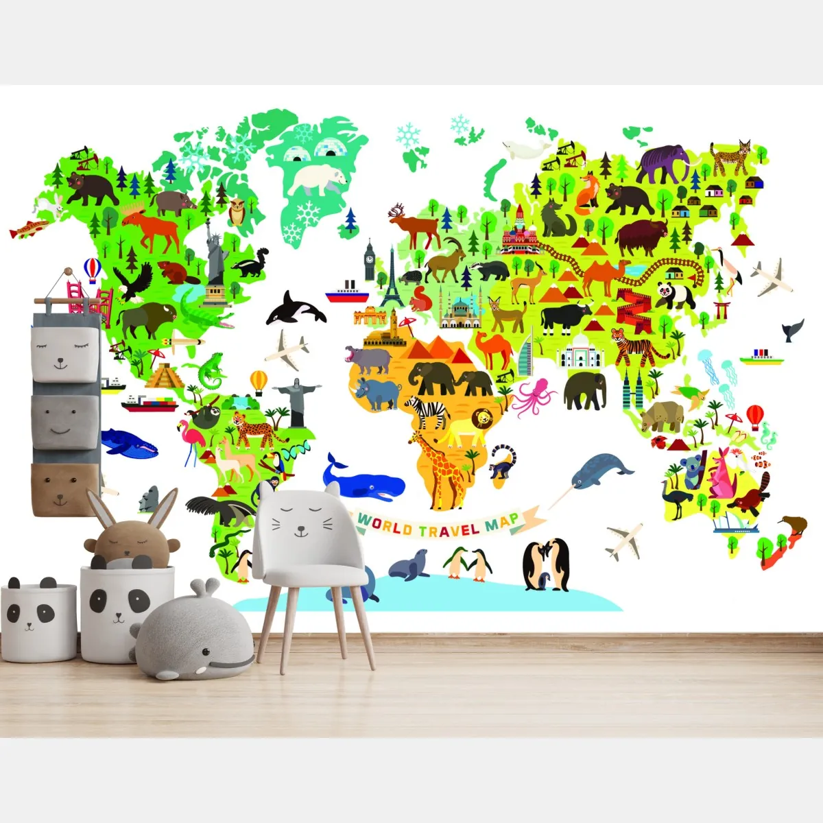 Fototapeta kolorowa mapa świata z zwierzętami – Wallissimo® Fototapeta kolorowa mapa świata z zwierzętami – Wallissimo®