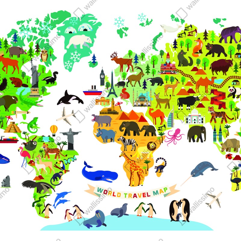 Fototapeta kolorowa mapa świata z zwierzętami – Wallissimo® Fototapeta kolorowa mapa świata z zwierzętami – Wallissimo®