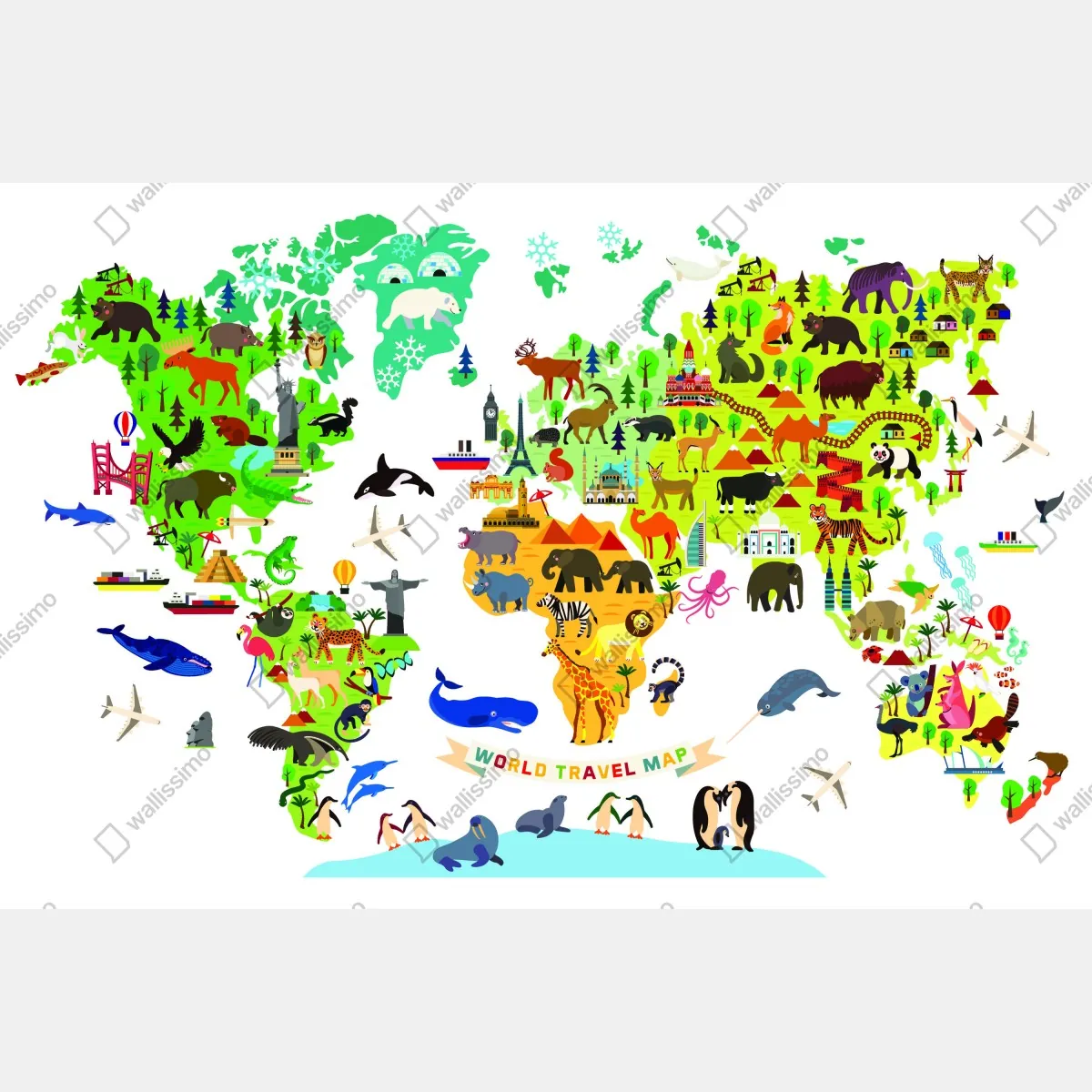 Fototapeta kolorowa mapa świata z zwierzętami – Wallissimo® Fototapeta kolorowa mapa świata z zwierzętami – Wallissimo®