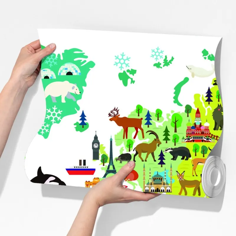 Fototapeta kolorowa mapa świata z zwierzętami – Wallissimo® Fototapeta kolorowa mapa świata z zwierzętami – Wallissimo®