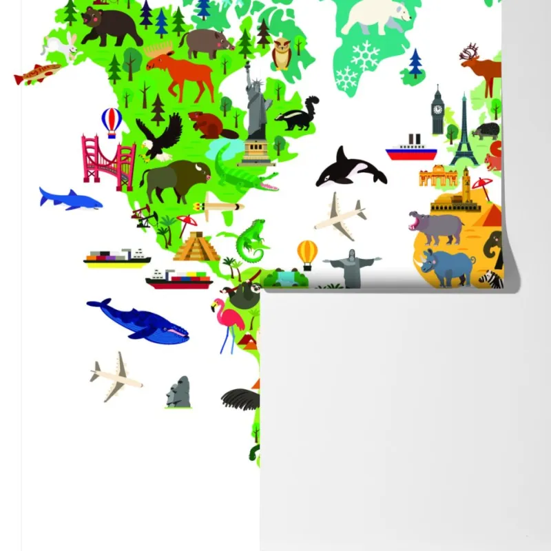 Fototapeta kolorowa mapa świata z zwierzętami – Wallissimo® Fototapeta kolorowa mapa świata z zwierzętami – Wallissimo®