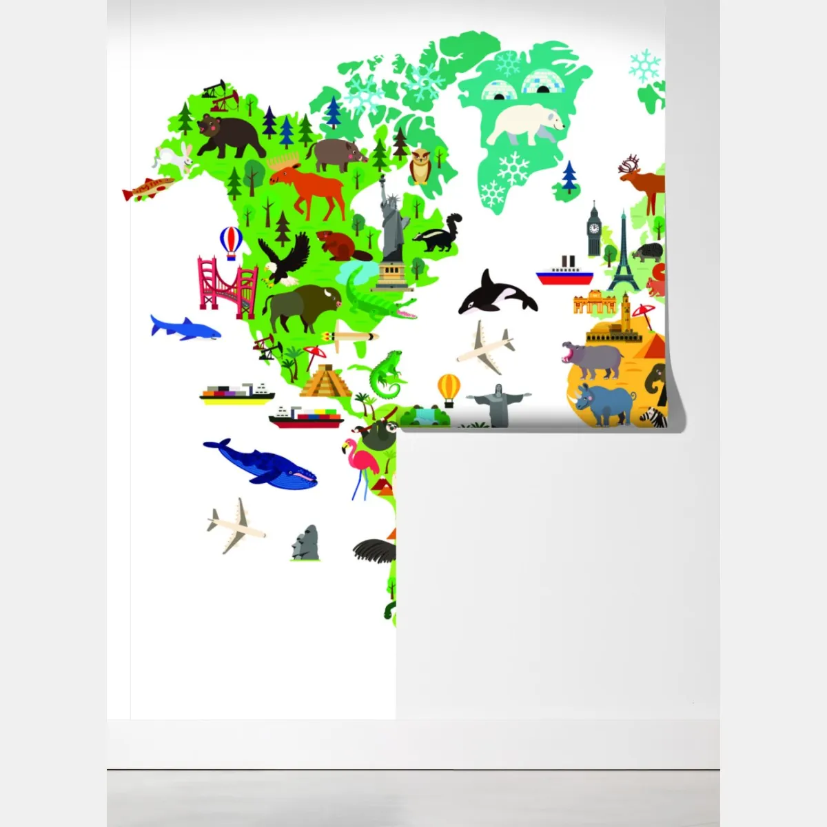 Fototapeta kolorowa mapa świata z zwierzętami – Wallissimo® Fototapeta kolorowa mapa świata z zwierzętami – Wallissimo®