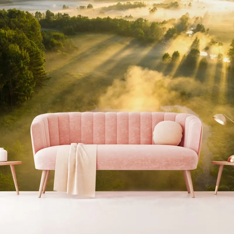 Fototapeta złote poranne światło nad mglistą rzeką – Wallissimo® Fototapeta złote poranne światło nad mglistą rzeką – Wallissimo®