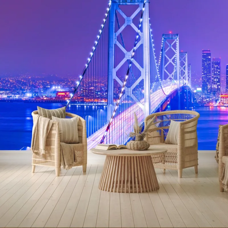 Fototapeta oświetlony most wiszący i panorama miasta nocą