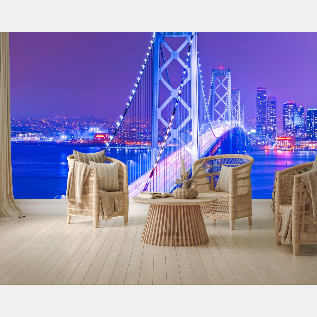 Wall mural illuminated suspension bridge and city skyline at night