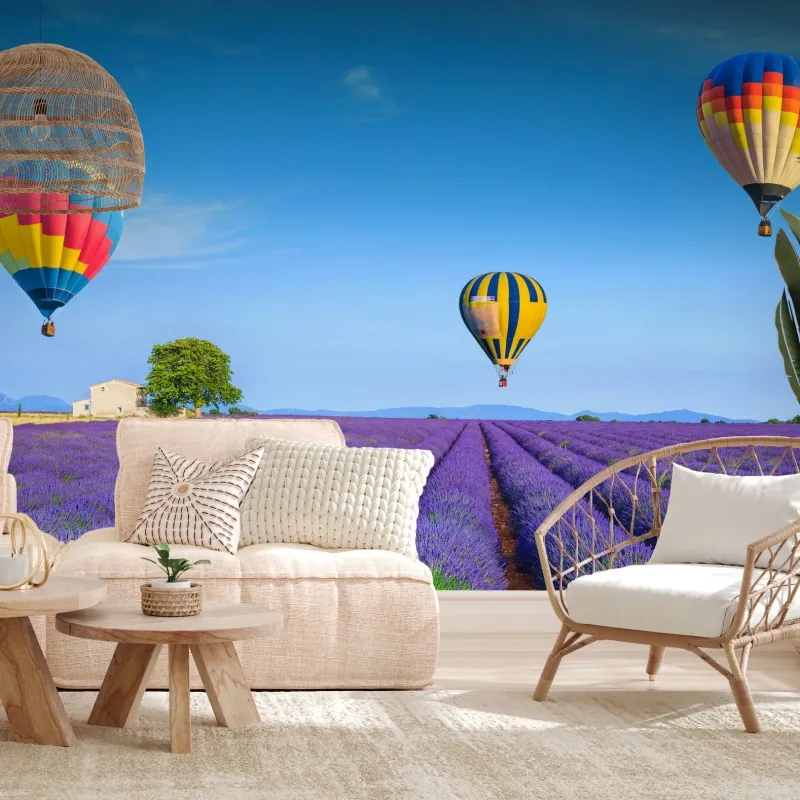 Fototapeta pola lawendy w Valensole z balonami – Wallissimo® Fototapeta pola lawendy w Valensole z balonami – Wallissimo®
