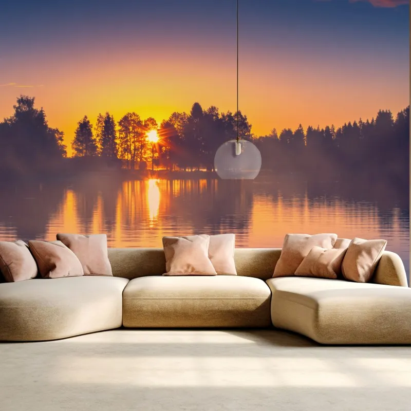 Fototapeta mglisty zachód słońca nad jeziorem