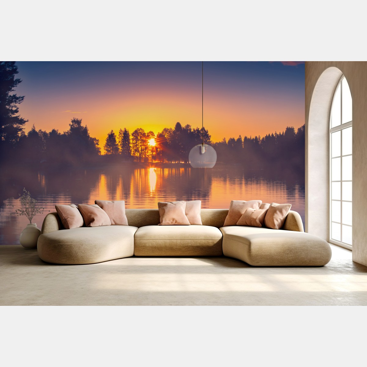 Wall mural misty lakeside sunset reflections