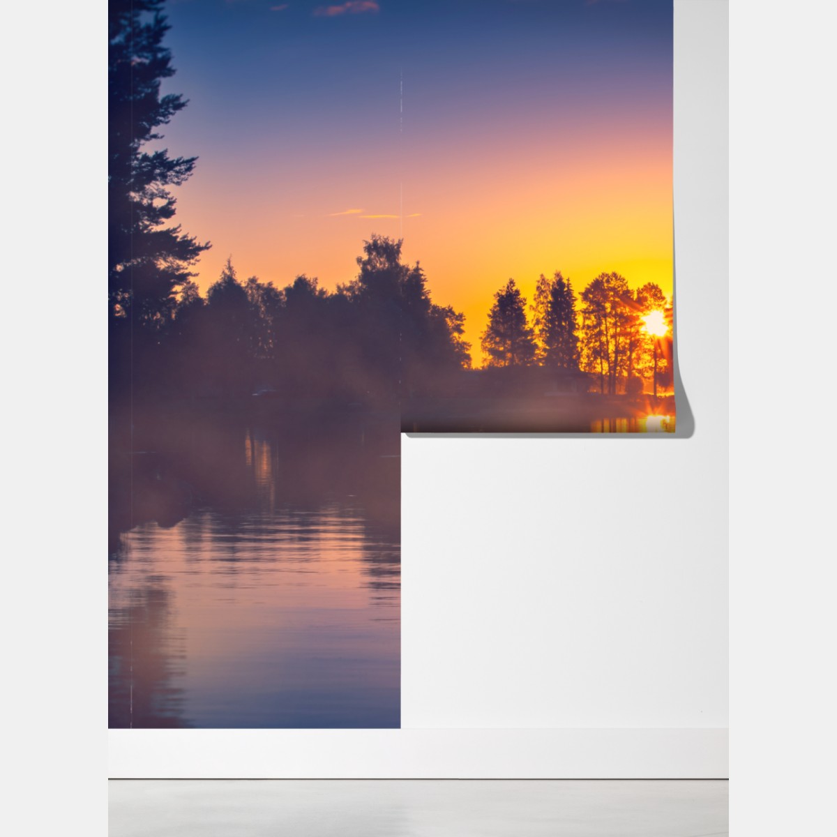 Fototapeta mglisty zachód słońca nad jeziorem – Wallissimo® Fototapeta mglisty zachód słońca nad jeziorem – Wallissimo®