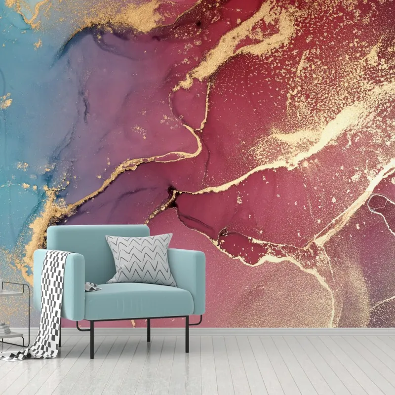 Fototapeta abstrakcyjne marmurowe tło w odcieniach turkusu i fioletu ze złotem