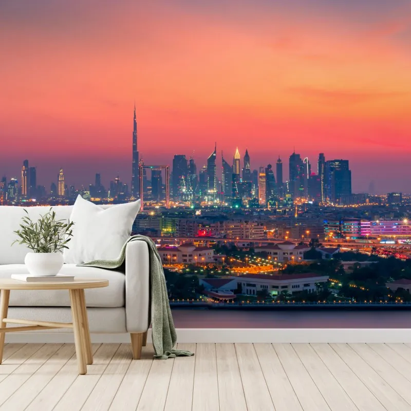 Fototapeta panorama Dubaju o zachodzie słońca – Wallissimo® Fototapeta panorama Dubaju o zachodzie słońca – Wallissimo®