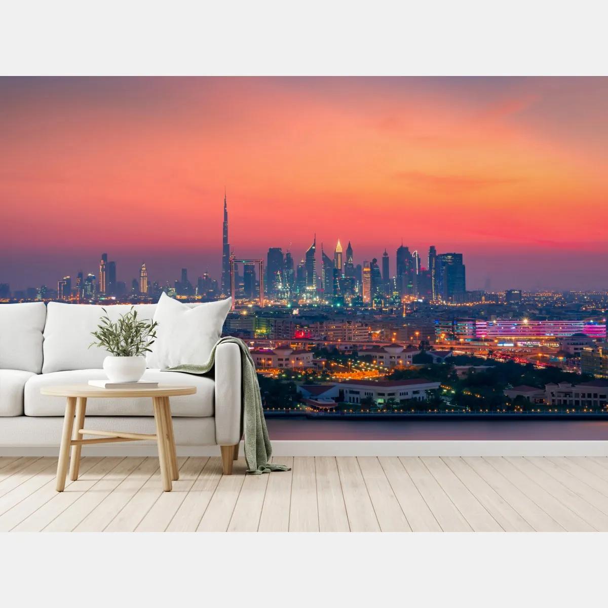Fototapeta panorama Dubaju o zachodzie słońca – Wallissimo® Fototapeta panorama Dubaju o zachodzie słońca – Wallissimo®