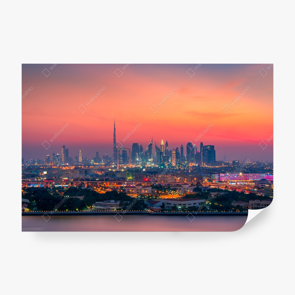 Fototapeta panorama Dubaju o zachodzie słońca – Wallissimo® Fototapeta panorama Dubaju o zachodzie słońca – Wallissimo®