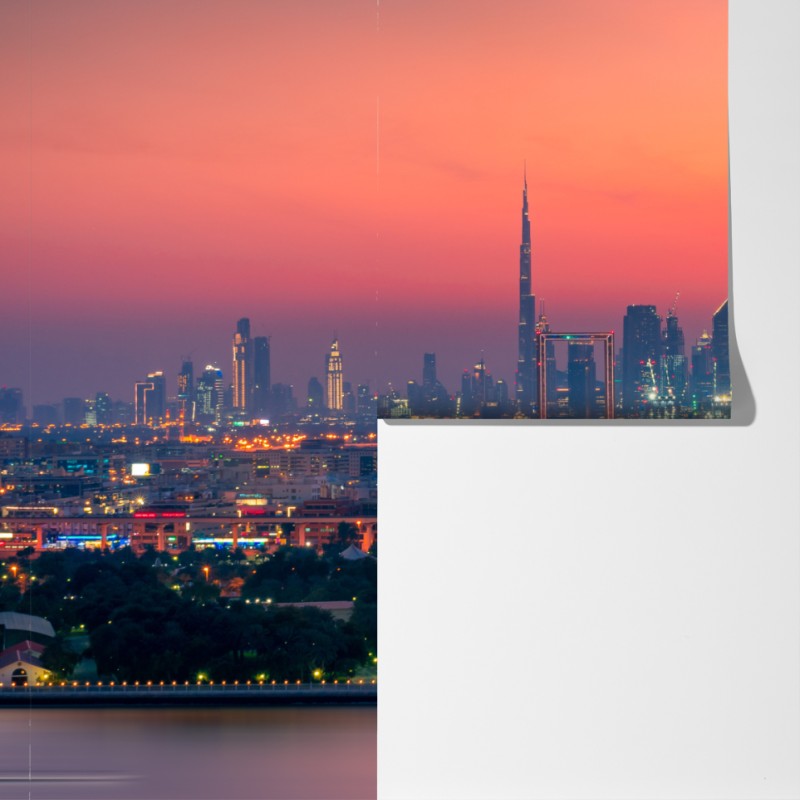 Fototapeta panorama Dubaju o zachodzie słońca – Wallissimo® Fototapeta panorama Dubaju o zachodzie słońca – Wallissimo®