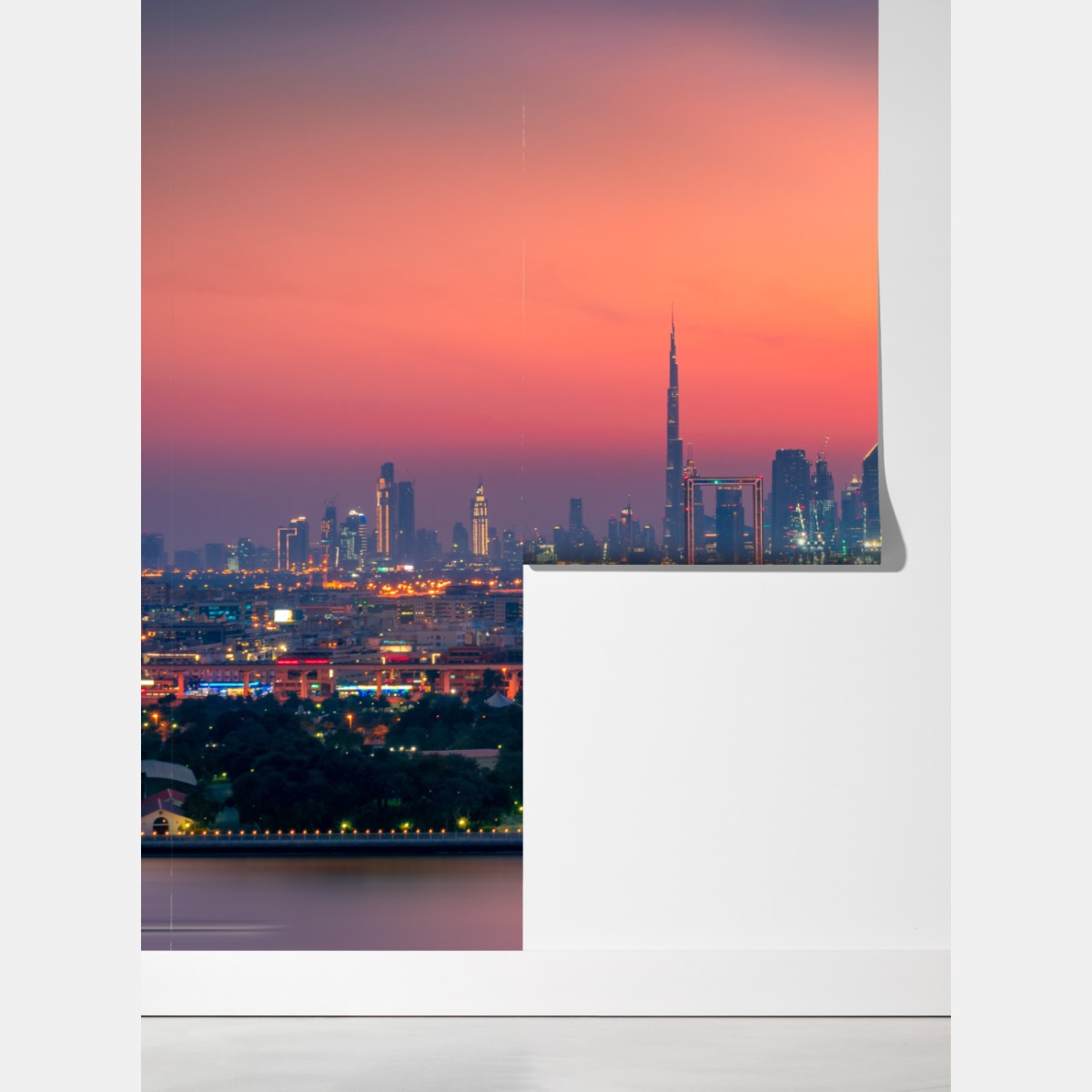 Fototapeta panorama Dubaju o zachodzie słońca – Wallissimo® Fototapeta panorama Dubaju o zachodzie słońca – Wallissimo®