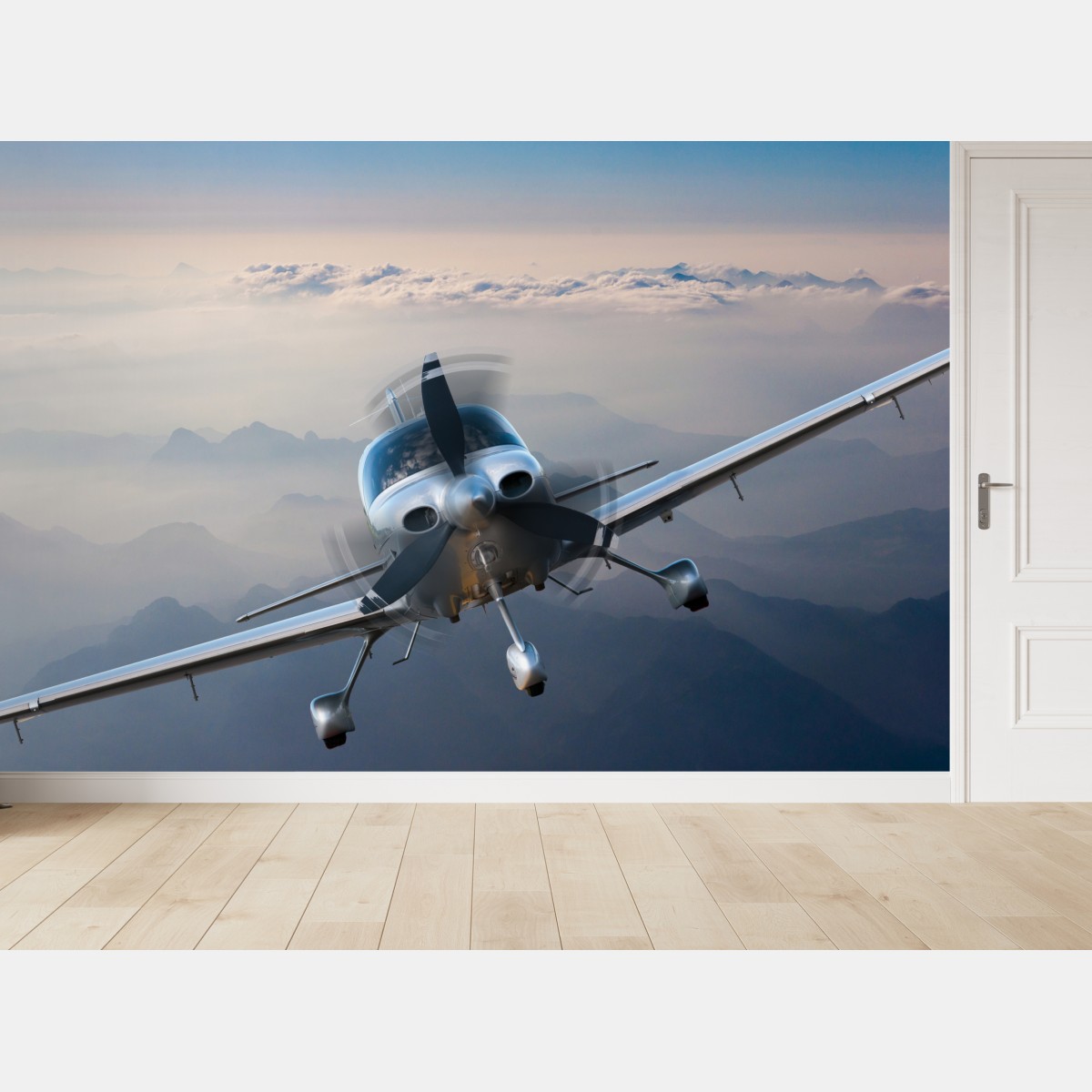 Wall mural silver propeller plane over misty mountains
