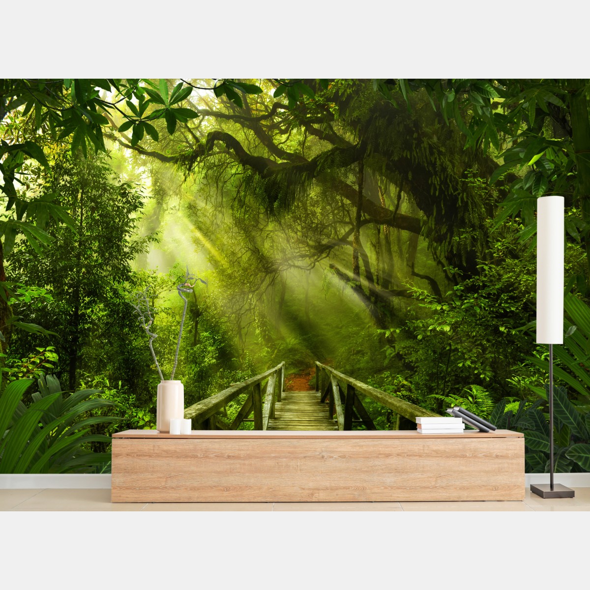 Wall mural sunlit forest pathway