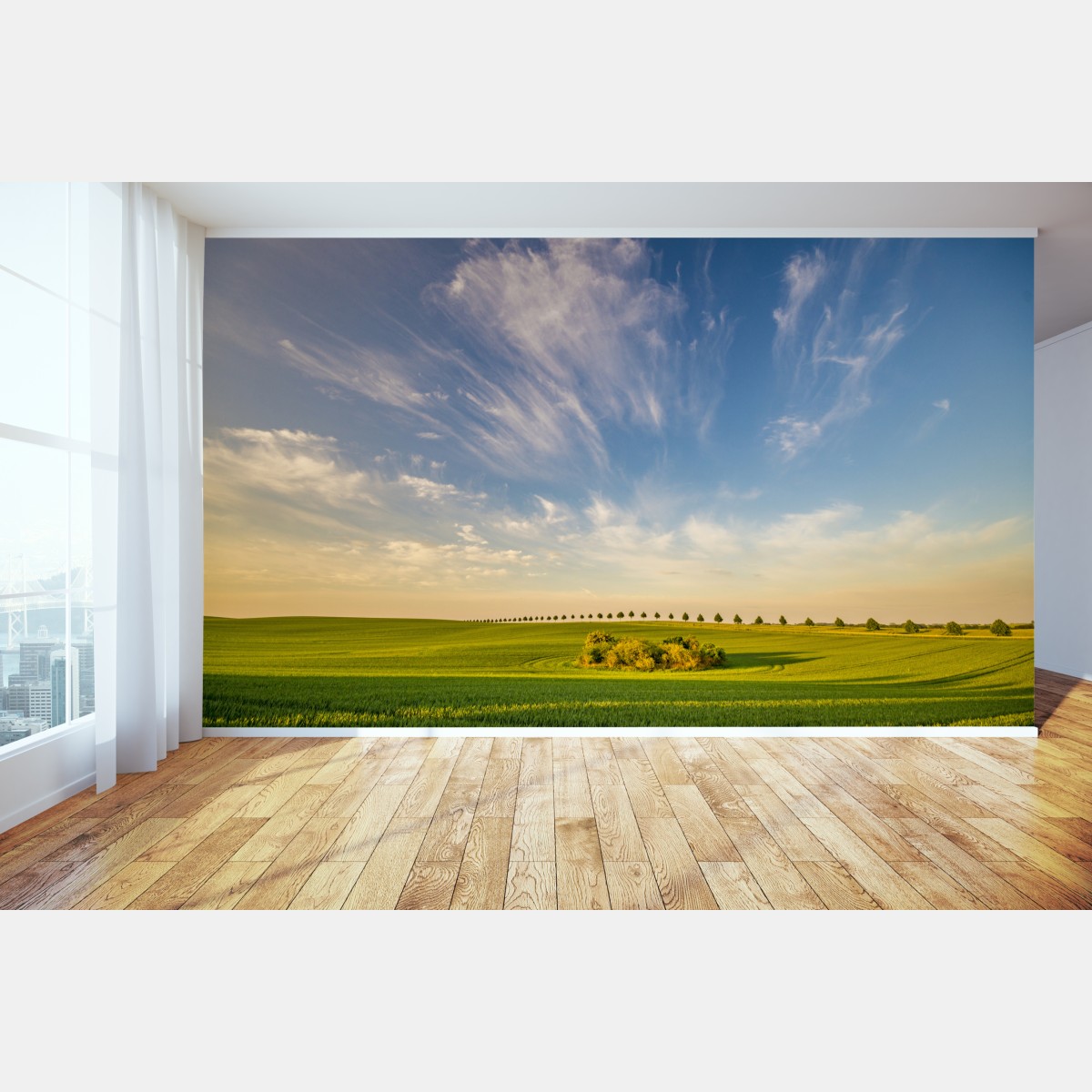 Wall mural green meadow with a line of young trees