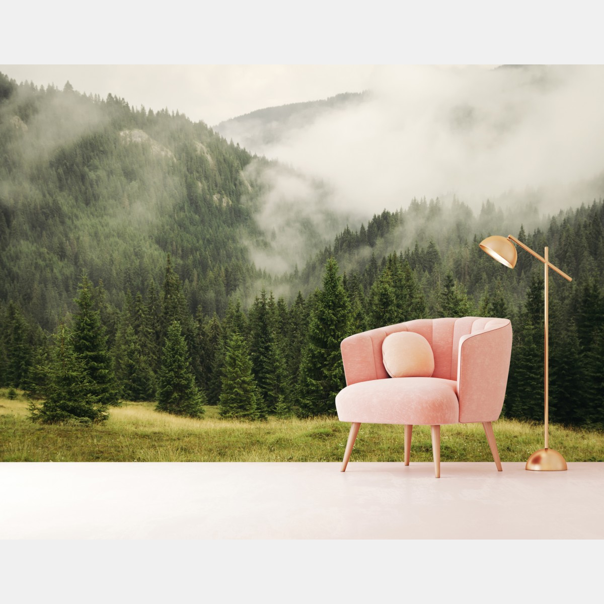 Wall mural misty evergreen forest landscape