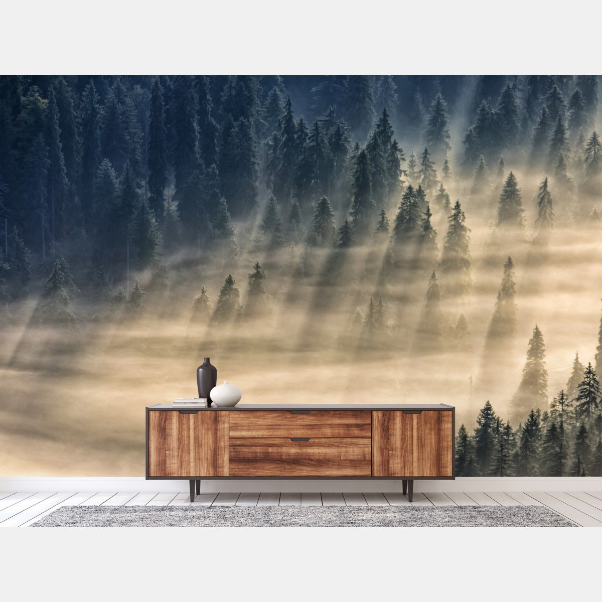 Wall mural misty spruce forest with sun rays