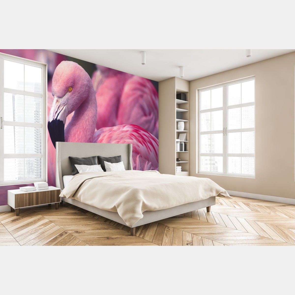 Wall mural pink flamingo close-up portrait