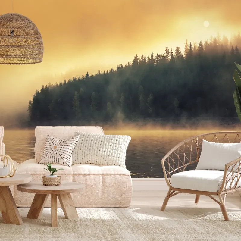 Fototapeta mglisty złoty wschód nad leśnym jeziorem – Wallissimo® Fototapeta mglisty złoty wschód nad leśnym jeziorem – Wallissimo®