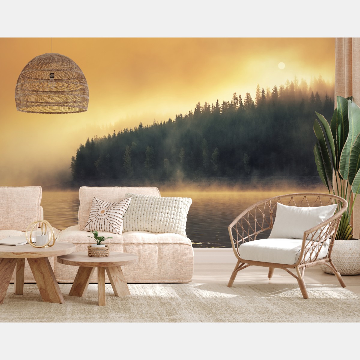 Wall mural misty golden sunrise over forest lake