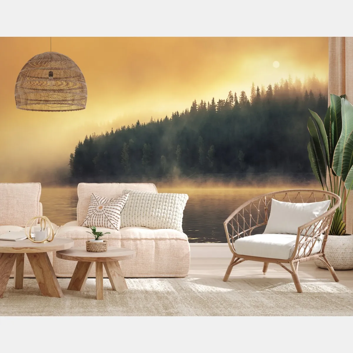 Fototapeta mglisty złoty wschód nad leśnym jeziorem – Wallissimo® Fototapeta mglisty złoty wschód nad leśnym jeziorem – Wallissimo®