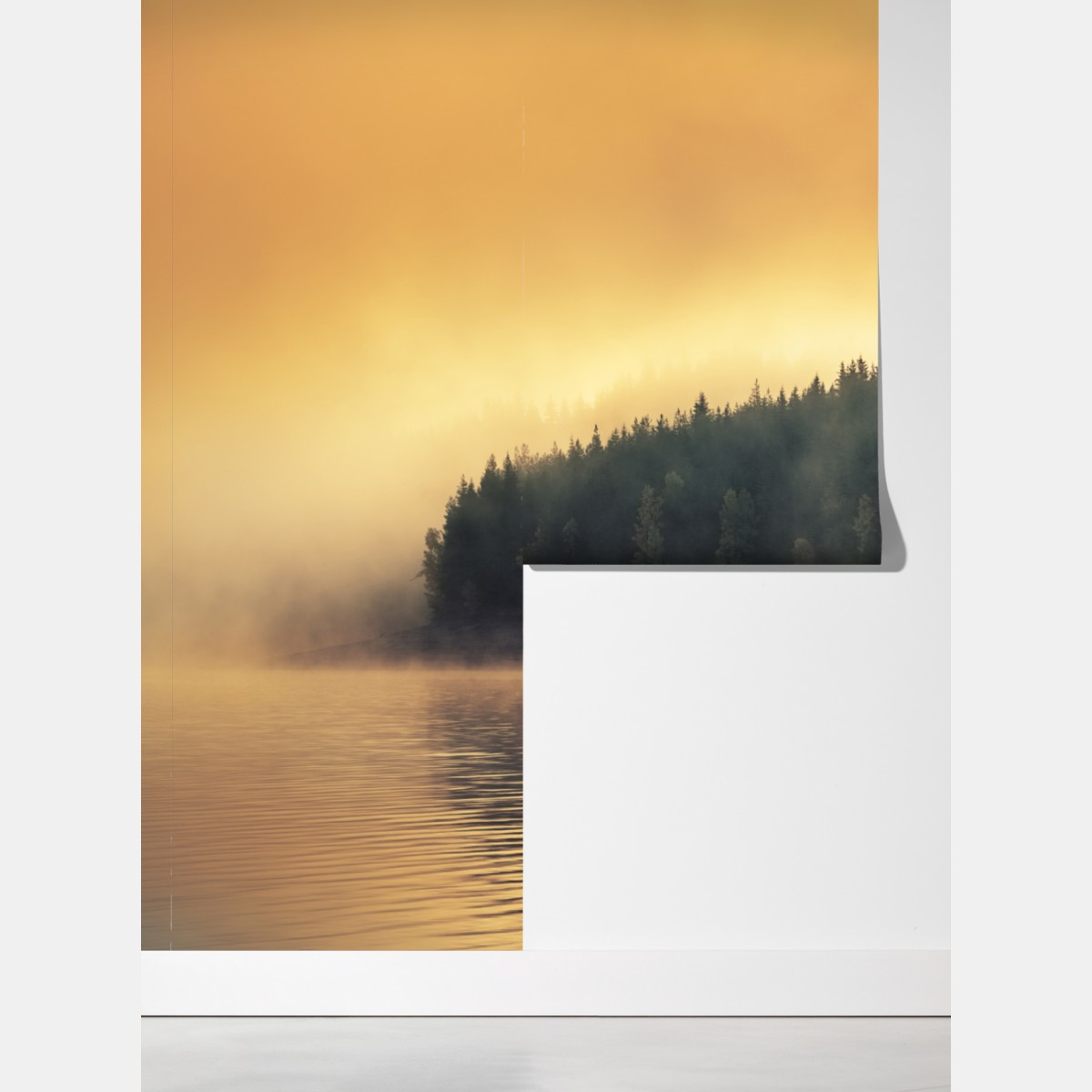 Fototapeta mglisty złoty wschód nad leśnym jeziorem – Wallissimo® Fototapeta mglisty złoty wschód nad leśnym jeziorem – Wallissimo®