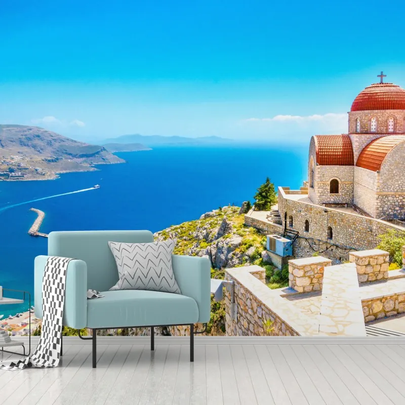Fototapeta grecki kościół na klifie nad morzem