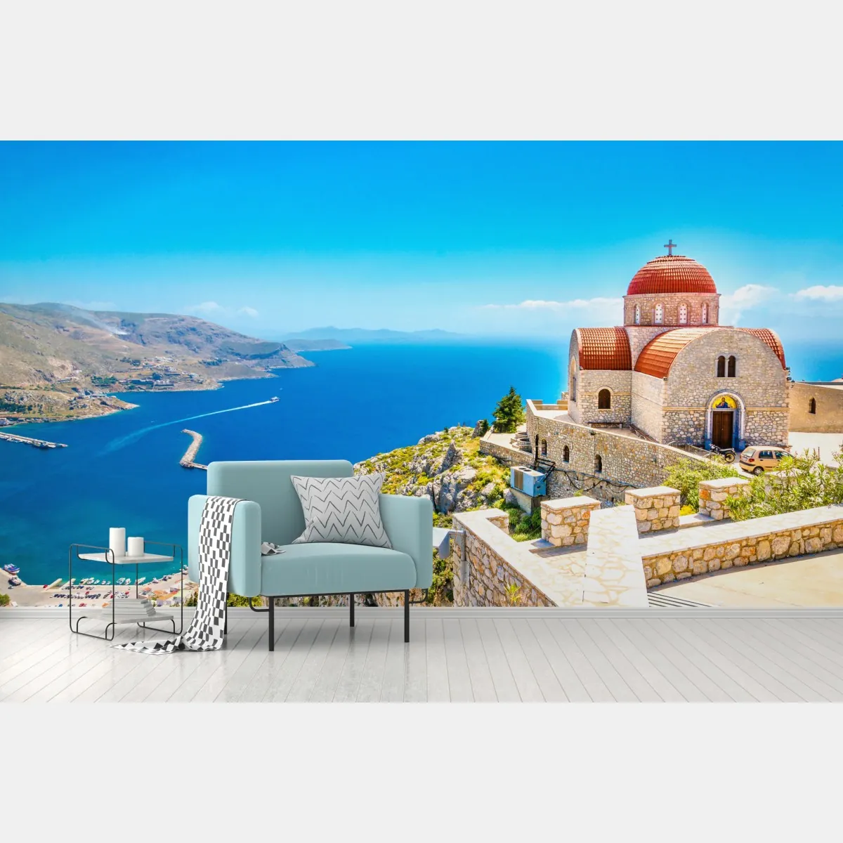 Fototapeta grecki kościół na klifie nad morzem – Wallissimo® Fototapeta grecki kościół na klifie nad morzem – Wallissimo®