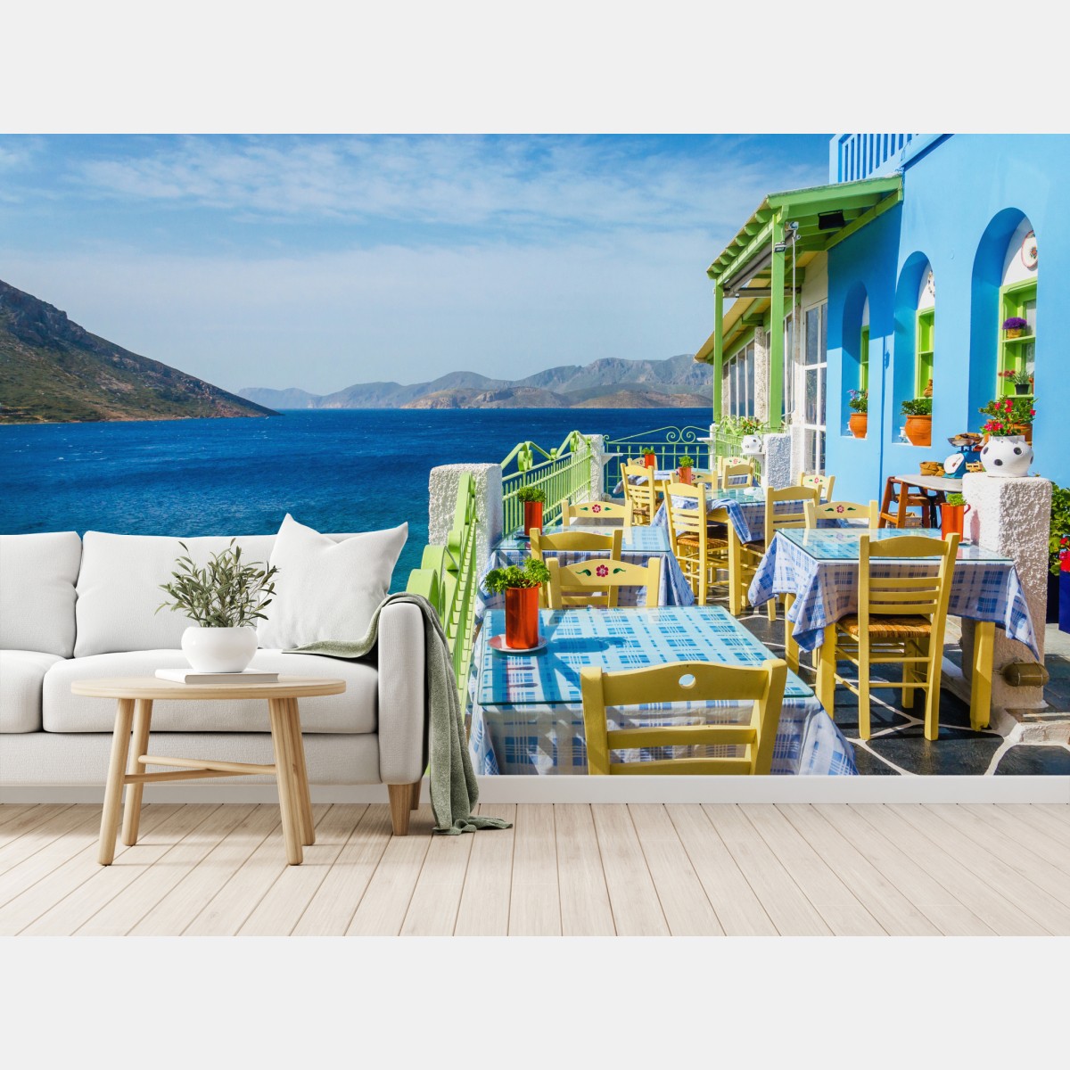 Wall mural sunny Mediterranean seaside terrace