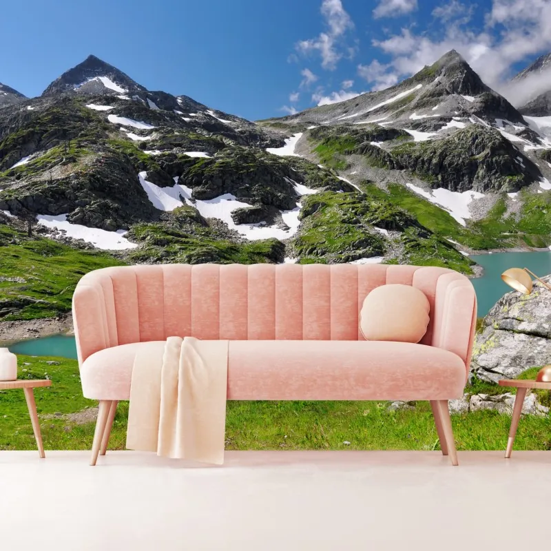 Fototapeta alpejskie jezioro z turkusową wodą i górami