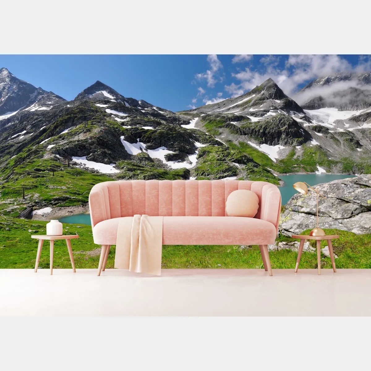 Fototapeta alpejskie jezioro z turkusową wodą i górami – Wallissimo® Fototapeta alpejskie jezioro z turkusową wodą i górami – Wallissimo®