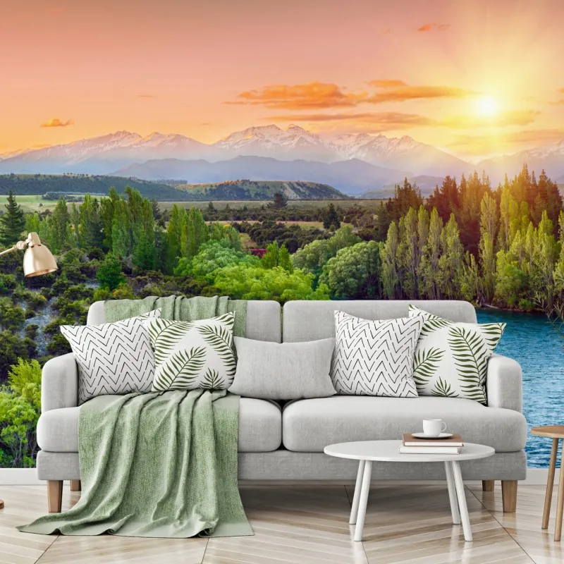 Fototapeta zachód słońca nad rzeką Clutha i Alpami Południowymi – Wallissimo® Fototapeta zachód słońca nad rzeką Clutha i Alpami Południowymi – Wallissimo®