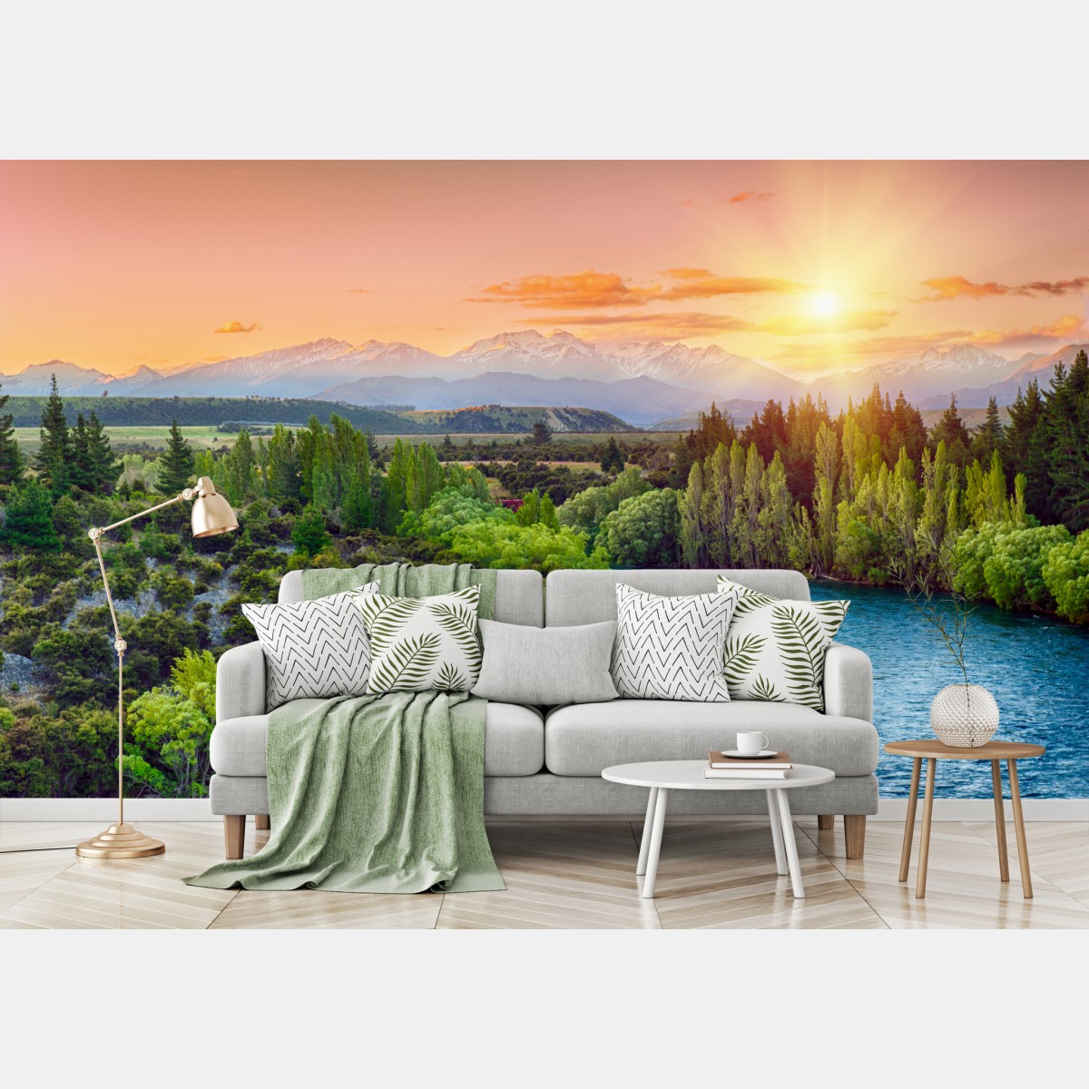 Wall mural sunset over the Clutha River and Southern Alps