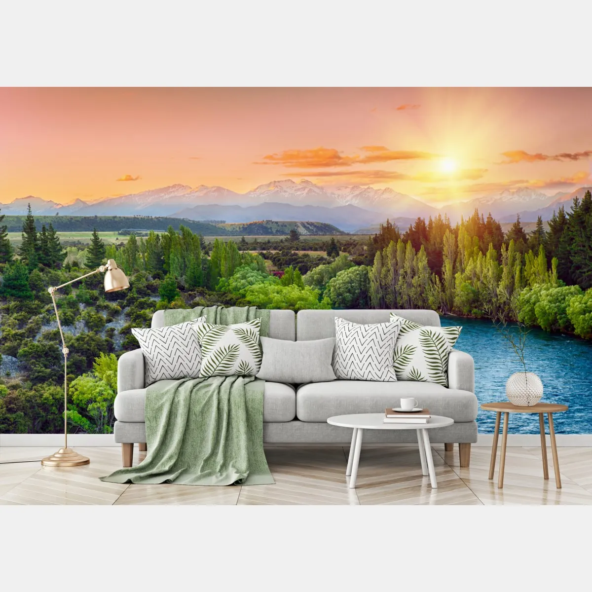 Fototapeta zachód słońca nad rzeką Clutha i Alpami Południowymi – Wallissimo® Fototapeta zachód słońca nad rzeką Clutha i Alpami Południowymi – Wallissimo®